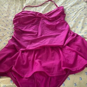 Pink One Piece Swim Dress with Flared Skirt
